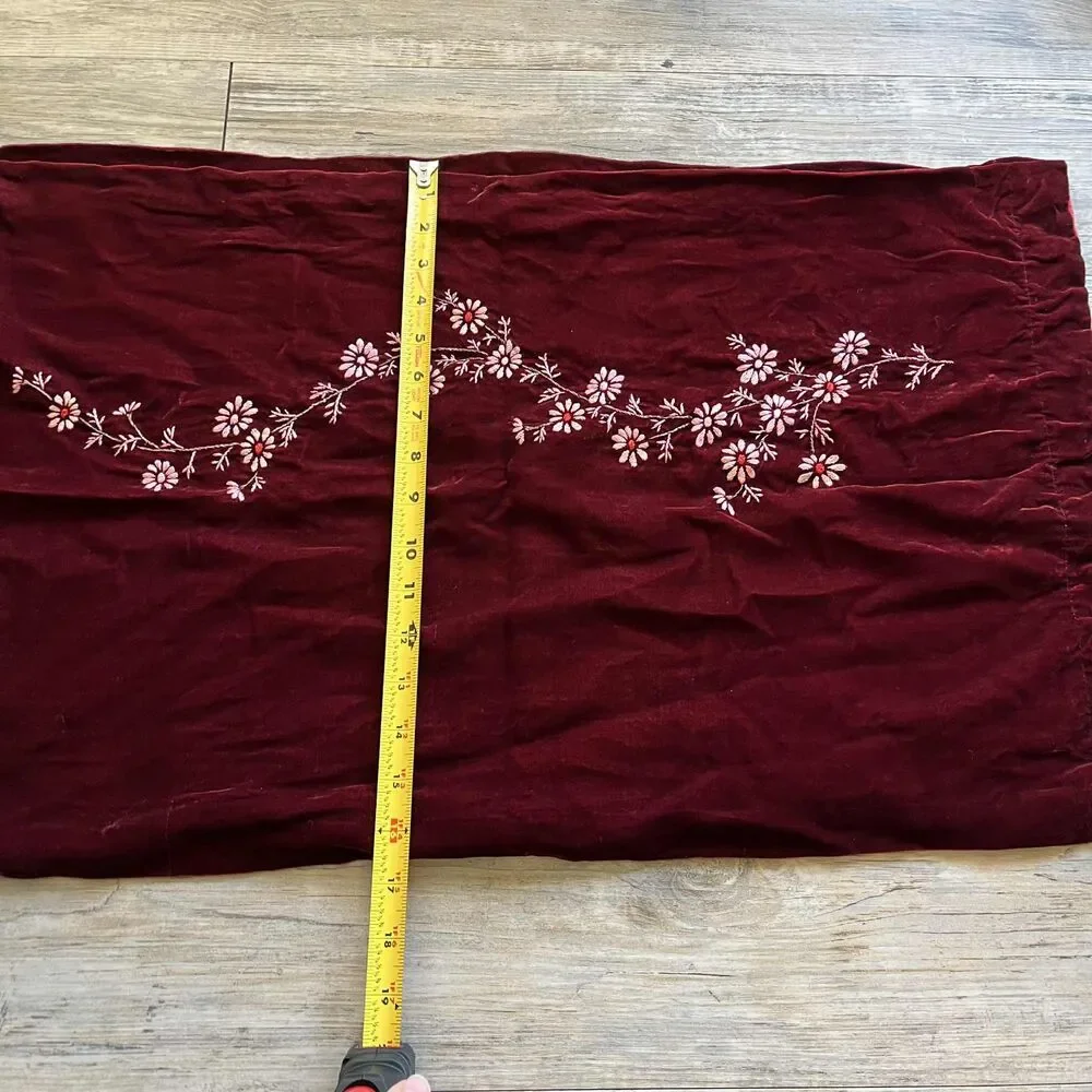 Vintage Scarf Silk and Velvet Hand Embroidered Floral Deep Red Maroon Pink 90s